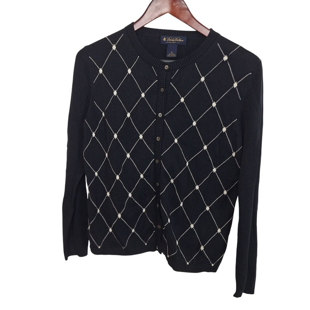 Brooks Brothers Womens Black Argyle Knit Cardigan Sweater Size M Silk Cotton